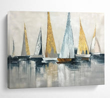 Load image into Gallery viewer, Gold - Accented Sailboat Abstract Art for Nautical Living Room & Elegant Yacht Club DKH169