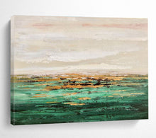 Load image into Gallery viewer, Green - Hued Coastal Abstract Painting on Canvas - “Golden Shores” DKH648
