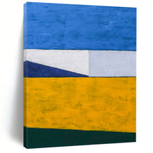 Load image into Gallery viewer, “Color - Blocked Serenity” - Blue, White, Yellow, Green Geometric Abstract Art on Canvas DKH1096