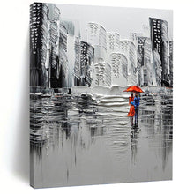 Load image into Gallery viewer, “Black and White Cityscape with Red Umbrella” - Textured Urban Art on Canvas DKH1600
