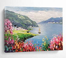 Load image into Gallery viewer, “Lakeside Village” - Colorful Abstract Acrylic of a Lakeside Scene, Suits Conservatory and Porch DLZ209