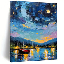 Load image into Gallery viewer, Colorful Starry Night Boat Abstract Painting, Ideal for Coastal Home Office & Dreamy Guest Bedroom LargeART1886