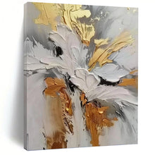 Load image into Gallery viewer, “Gilded Floral Impasto” - Gold, Grey, and White Flower Art on Canvas DKH1386