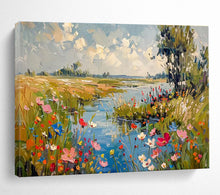 Load image into Gallery viewer, Riverbank “Serene Blossoms” Painting on Canvas, Idyllic Landscape Decor DKH833