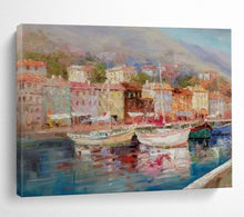 Load image into Gallery viewer, Hand - painted Large - sized Coastal Town Harbor Acrylic Art for Nautical - Themed Living Rooms LargeART1800