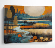 Load image into Gallery viewer, Stylized Landscape with Big Moon Abstract acrylic painting DLZ086