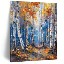Load image into Gallery viewer, “Autumn Birch Forest” - Golden, Blue, and White Landscape Art on Canvas DKH1406