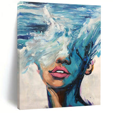 Load image into Gallery viewer, “Wave - Masked Figure” – Blue, white, and pink, with waves merging with a human face. DTP347