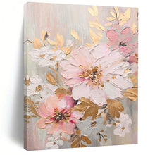 Load image into Gallery viewer, “Blush and Gold Floral Impasto” - Pink, Gold, and White Flower Art on Canvas DKH1390