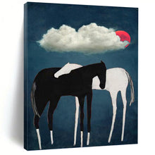Load image into Gallery viewer, “Horses Under Red Moon” - Black, White, and Red Nature Art on Canvas DKH1418