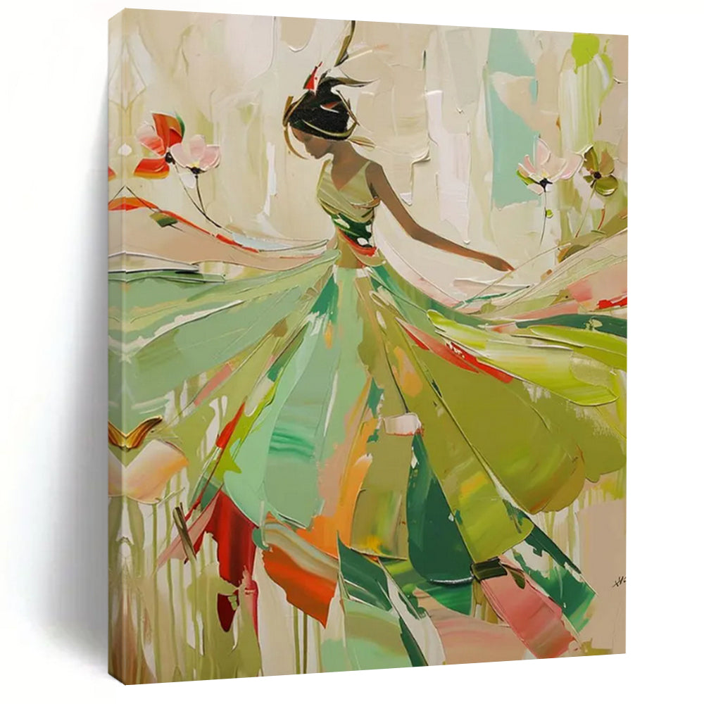 Elegant Dancer in Green” – Abstract Figure Oil Painting with Flowing –  Extra Large Wall Art