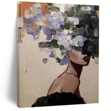 Load image into Gallery viewer, “Floral Veil” ,Soft beige background, with a figure whose face is obscured by loose, painterly purple, white, and green flowers. DTP309