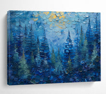 Load image into Gallery viewer, Blue Forest with Golden Highlights Abstract Painting on Canvas - “Mystic Pines” DKH672