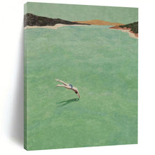 Load image into Gallery viewer, “Dive In” ,Green water, earthy tones for land, with a figure diving into the water. DTP304