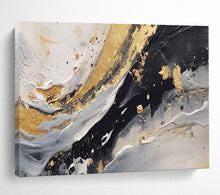 Load image into Gallery viewer, Hand - painted Black, White, and Gold Fluid Strokes Acrylic Art for Stylish Bathroom Decor LargeART1710