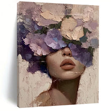 Load image into Gallery viewer, “Violet Floral Mask” – Woman with thick, textured violet and purple flowers covering her eyes. DTP329