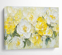 Load image into Gallery viewer, Yellow and White Floral Abstract Painting on Canvas - “Sunny Blooms” DKH696
