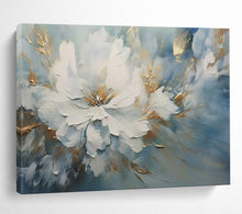 Load image into Gallery viewer, Hand - painted Large - Format White Flower with Gold and Blue Background Acrylic Art for Elegant Bedrooms LargeART1756