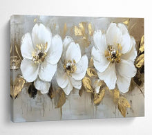 Load image into Gallery viewer, Hand - painted White Flowers with Gold Leaves Acrylic Art for Elegant Dining Rooms LargeART1705