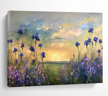 Load image into Gallery viewer, Blue Flower “Sunset Meadow” Painting on Canvas, Serene Floral Landscape DKH819