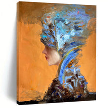 Load image into Gallery viewer, “Color - Stacked Headdress Figure” – Orange background, with blue, brown, and other colors stacked to form a headdress and clothing. DTP348