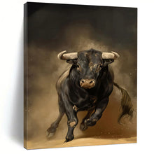 Load image into Gallery viewer, “Powerful Black Bull” - Dark Brown, Black, and White Animal Art on Canvas DKH1409