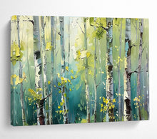 Load image into Gallery viewer, Sunlit Birch Forest Abstract Painting on Canvas - “Green Sanctuary” DKH670