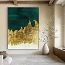 Load image into Gallery viewer, “Green and Gold Mountain Abstract” - Green, Gold, White Abstract Art on Canvas DKH1335