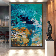 Load image into Gallery viewer, Hand - painted Substantial Teal - Toned Abstract Seascape Acrylic Art for Coastal - Style Bedrooms LargeART0036
