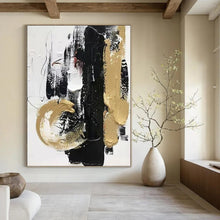 Load image into Gallery viewer, “Bold Black and Gold Abstract with Textured Marks” – Dramatic Abstract Exuding Opulence and Energy DTP146