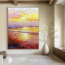Load image into Gallery viewer, “Vibrant Sunset Beach Scene” - Yellow, Orange, Pink Landscape Art on Canvas DKH1306