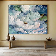 Load image into Gallery viewer, Blue and White Peony Textured Abstract Painting on Canvas - “Elegant Blooms” DKH675