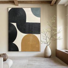 Load image into Gallery viewer, “Interconnected Black and Beige Ribbed Forms” - Black, Beige Abstract Art on Canvas DKH1178