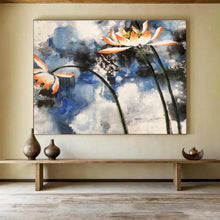 Load image into Gallery viewer, Ink - Style Lotus Flower Abstract Painting on Canvas - “Elegant Purity” DKH627