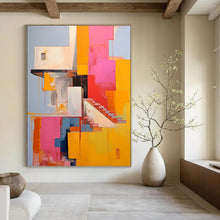 Load image into Gallery viewer, “Vibrant Architectural Abstract” - Pink, Yellow, Blue Abstract Art on Canvas DKH1323