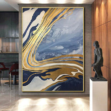 Load image into Gallery viewer, Blue - Gold Marbled Flow Acrylic Art - Ideal for Luxury Hotel Lobby & Opulent Home Office LargeART0564