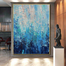 Load image into Gallery viewer, Hand - painted Oversized Layered Blue Abstract Depths Acrylic Art for Serene Bedrooms LargeART0045