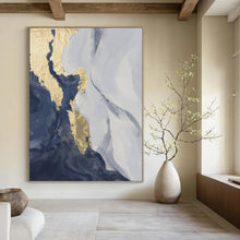 Load image into Gallery viewer, “Blue, Grey & Gold Abstract” - Luxe Abstract Art on Canvas DKH1514