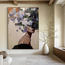 Load image into Gallery viewer, “Floral Veil” ,Soft beige background, with a figure whose face is obscured by loose, painterly purple, white, and green flowers. DTP309