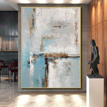 Load image into Gallery viewer, Large - Format Light Blue - Gray Gold Abstract Acrylic Art for Bedroom & Hotel Suite LargeART0375
