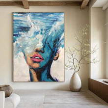 Load image into Gallery viewer, “Wave - Masked Figure” – Blue, white, and pink, with waves merging with a human face. DTP347