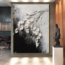 Load image into Gallery viewer, 3D White Flowers on Black Acrylic Art - Great for Romantic Bedroom & Elegant Bathroom LargeART0580