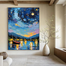 Load image into Gallery viewer, Colorful Starry Night Boat Abstract Painting, Ideal for Coastal Home Office & Dreamy Guest Bedroom LargeART1886