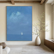 Load image into Gallery viewer, Subtle Blue - Toned Distant Sailboat Abstract Painting, Ideal for Minimalist Bedroom & Meditative Space LargeART1879