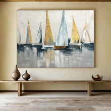 Load image into Gallery viewer, Gold - Accented Sailboat Abstract Art for Nautical Living Room & Elegant Yacht Club DKH169