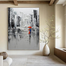 Load image into Gallery viewer, “Black and White Cityscape with Red Umbrella” - Textured Urban Art on Canvas DKH1600