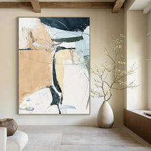 Load image into Gallery viewer, “Beige, Blue & Black Line Abstract” - Minimalist Abstract Art on Canvas DKH1523