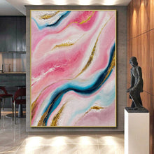 Load image into Gallery viewer, Hand - painted Large - sized Pink and Gold Marble Abstract Acrylic Art for Glamorous Dressing Rooms LargeART0029
