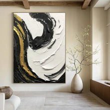 Load image into Gallery viewer, “Gilded Swirls” – Thick black, white, and gold impasto, dynamic curved strokes DTP381