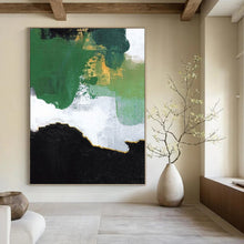 Load image into Gallery viewer, “Green, Gold, and Black Abstract” - Green, Gold, Black, White Abstract Art on Canvas DKH1222